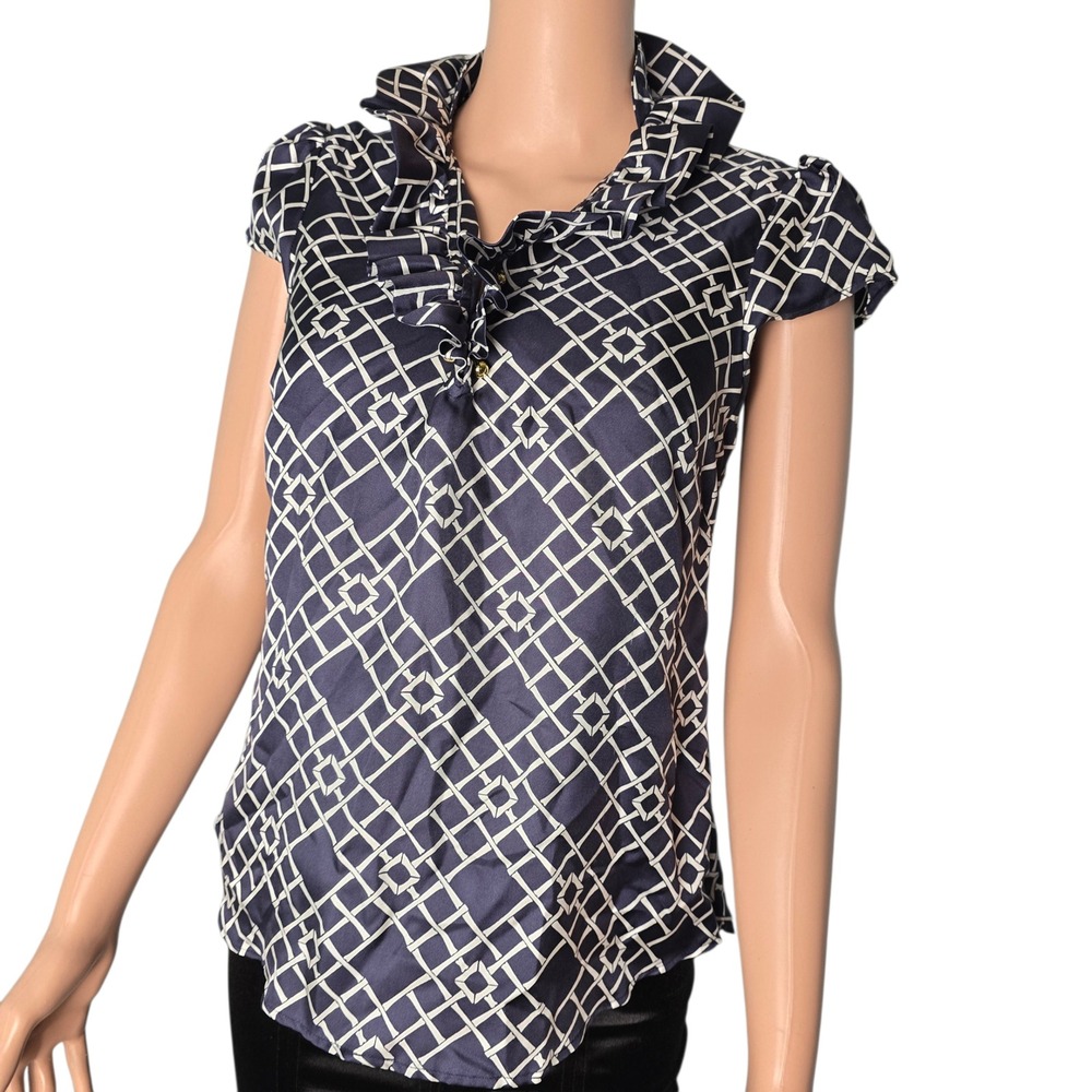 Elizabeth McKay‎ Navy White Geometric 100% Silk Ruffle Blouse Gold Toggles 2